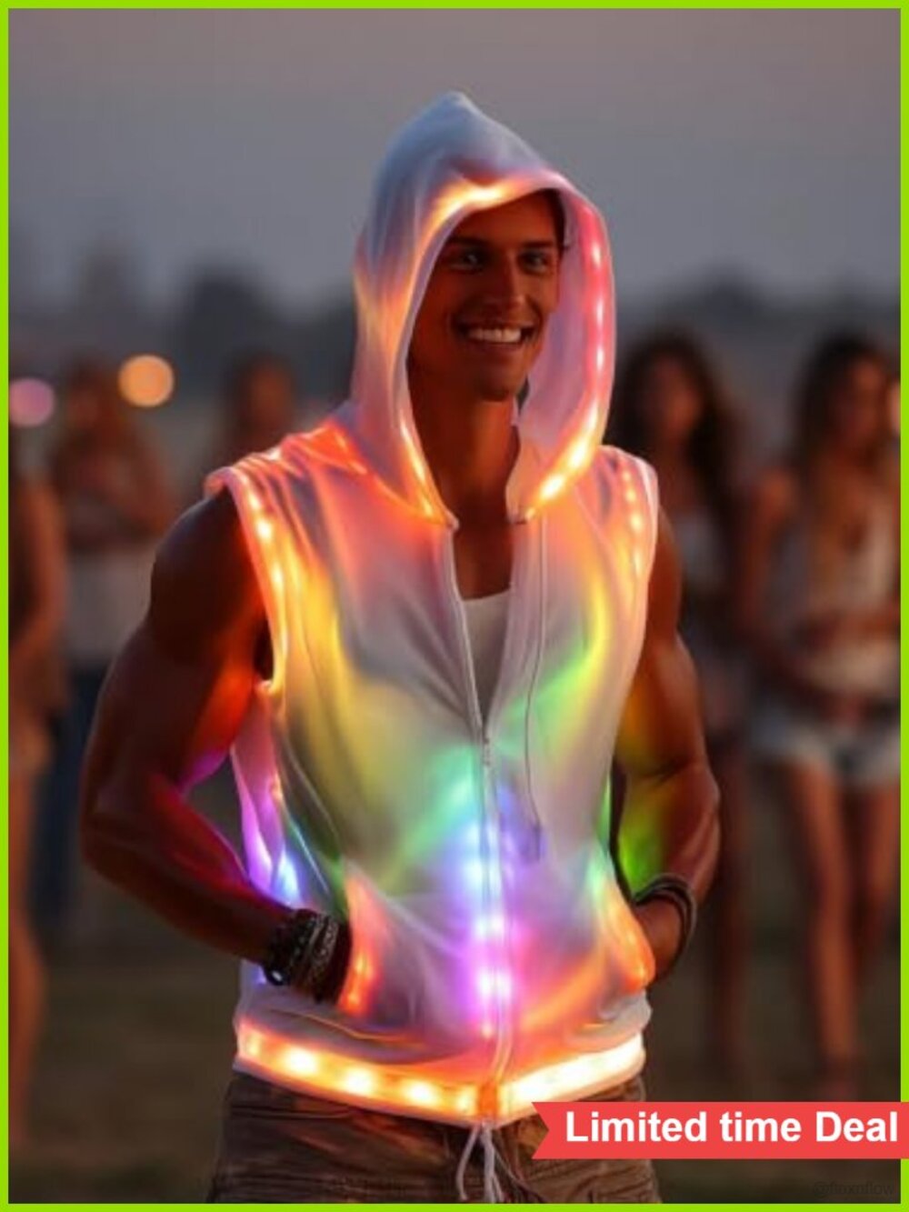 Men Hooded LED Rave Vest Sleeveless Zip Up Tank Top Festival Gym